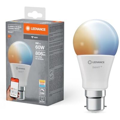 LEDVANCE Inteligentna lampa LED z technologią WiFi B22d, optyka matowa, Możliwość zmiany koloru światła (2700K-6500K), 806 Lumen, zamiennik dla 60W, 1-pak LEDVANCE Inteligentna lampa LED z technologią WiFi B22d, optyka matowa, Możliwość zmiany koloru światła (2700K-6500K), 806 Lumen, zamiennik dla 60W, 1-pak