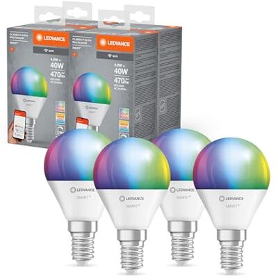 LEDVANCE SMART+ Lampa LED WIFI, matowa, 4,9 W, 470 lm, klasyczny okrągły kształt (Classic P), podstawa E14, kolorowe światło i białe światło, sterowanie aplikacją lub głosem, żywotność 4 szt. LEDVANCE SMART+ Lampa LED WIFI, matowa, 4,9 W, 470 lm, klasyczny okrągły kształt (Classic P), podstawa E14, kolorowe światło i białe światło, sterowanie aplikacją lub głosem, żywotność 4 szt.