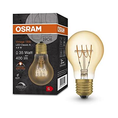 OSRAM Vintage 1906 przyciemniana złota lampa LED, 4,8 W, 400 lm, kształt żarówki (Classic A) z trzonkiem E27, ciepłe białe światło, spiralny żarnik, ściemniana, żywotność do 15 000 godzin OSRAM Vintage 1906 przyciemniana złota lampa LED, 4,8 W, 400 lm, kształt żarówki (Classic A) z trzonkiem E27, ciepłe białe światło, spiralny żarnik, ściemniana, żywotność do 15 000 godzin