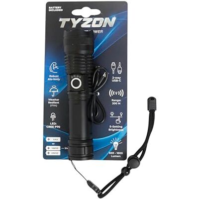 Tyzon latarka LED 600–1600 lm, regulowany zoom, 5 trybów (wysoki/średni/niski/stroboskop/SOS), dioda CREE P70, aluminiowa obudowa, ładowanie USB-C, na 18650/26650 lub 3x AAA Tyzon latarka LED 600–1600 lm, regulowany zoom, 5 trybów (wysoki/średni/niski/stroboskop/SOS), dioda CREE P70, aluminiowa obudowa, ładowanie USB-C, na 18650/26650 lub 3x AAA
