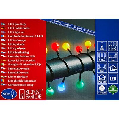 Konstsmide Łańcuch świetlny LED, duże, okrągłe diody, 80 kolorowych diod, transformator zewnętrzny 24 V, czarny kabel – 3696-507 Konstsmide Łańcuch świetlny LED, duże, okrągłe diody, 80 kolorowych diod, transformator zewnętrzny 24 V, czarny kabel – 3696-507