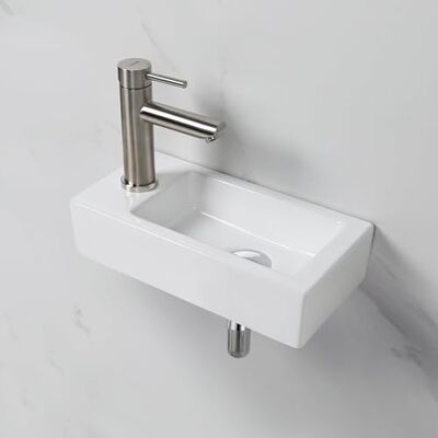 Ibergrif , M41102-L Prostokątna ceramiczna umywalka z 1 otworem na kran, lewa ręczna umywalka montowana na ścianie, mały rozmiar: 376 × 188 × 93 mm, biały Ibergrif , M41102-L Prostokątna ceramiczna umywalka z 1 otworem na kran, lewa ręczna umywalka montowana na ścianie, mały rozmiar: 376 × 188 × 93 mm, biały