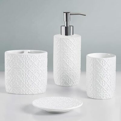 Martha Stewart Ceramiczny zestaw akcesoriów łazienkowych, organizer do przechowywania dekoracji toaletki, wytłaczany medalion adamaszkowy, dozownik balsamu/mydła, uchwyt na szczoteczkę do zębów, Martha Stewart Ceramiczny zestaw akcesoriów łazienkowych, organizer do przechowywania dekoracji toaletki, wytłaczany medalion adamaszkowy, dozownik balsamu/mydła, uchwyt na szczoteczkę do zębów,