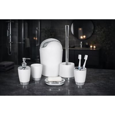 Fingey Bathlux nowoczesny design, 6-częściowy zestaw akcesoriów łazienkowych, szczotka do toalety, kosz na śmieci, mydelniczka, uchwyt na szczoteczkę do zębów, dozownik mydła, kubek do płukania (biały) Fingey Bathlux nowoczesny design, 6-częściowy zestaw akcesoriów łazienkowych, szczotka do toalety, kosz na śmieci, mydelniczka, uchwyt na szczoteczkę do zębów, dozownik mydła, kubek do płukania (biały)