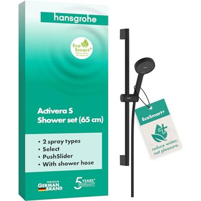 Hansgrohe Activera Select S Zestaw prysznicowy z głowicą prysznicową oszczędzający wodę (EcoSmart+, 2-strumieniowa), wąż prysznicowy (1,60 m) i drążkiem (0,65 m), czarny matowy, 28045670 Hansgrohe Activera Select S Zestaw prysznicowy z głowicą prysznicową oszczędzający wodę (EcoSmart+, 2-strumieniowa), wąż prysznicowy (1,60 m) i drążkiem (0,65 m), czarny matowy, 28045670