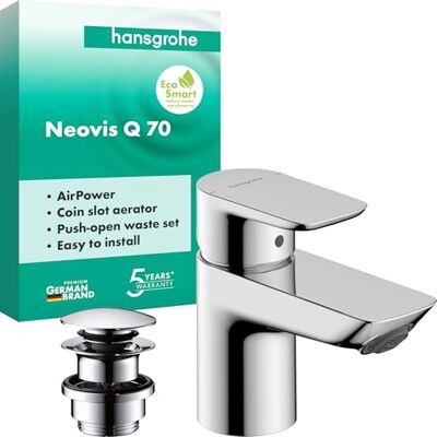 Hansgrohe Neovis Q 71354000 bateria umywalkowa z odpływem Push-Open, z metalu, kran łazienkowy z wylewką, wysokość 63 mm, bateria mieszakowa do umywalki oszczędzająca wodę (EcoSmart), chrom, 71354000 Hansgrohe Neovis Q 71354000 bateria umywalkowa z odpływem Push-Open, z metalu, kran łazienkowy z wylewką, wysokość 63 mm, bateria mieszakowa do umywalki oszczędzająca wodę (EcoSmart), chrom, 71354000