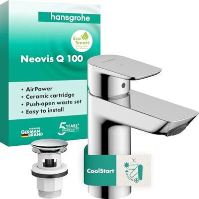 Hansgrohe Neovis Q 71352000 bateria umywalkowa z odpływem Push-Open, energooszczędna (CoolStart), kran łazienkowy z wylewką wysokość 96 mm, bateria mieszakowa do umywalki oszczędzająca wodę (EcoSmart Hansgrohe Neovis Q 71352000 bateria umywalkowa z odpływem Push-Open, energooszczędna (CoolStart), kran łazienkowy z wylewką wysokość 96 mm, bateria mieszakowa do umywalki oszczędzająca wodę (EcoSmart