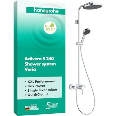Hansgrohe Activera S oszczędzający wodę komplet prysznicowy (EcoSmart) z mieszaczem jednouchwytowym, zestaw prysznicowy z główką prysznicowa, wąż, szyna i deszczownica (240 mm), chrom, 28875000 Hansgrohe Activera S oszczędzający wodę komplet prysznicowy (EcoSmart) z mieszaczem jednouchwytowym, zestaw prysznicowy z główką prysznicowa, wąż, szyna i deszczownica (240 mm), chrom, 28875000
