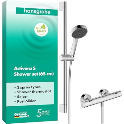 Hansgrohe Activera Select S zestaw prysznicowy z bateria termostatyczna Ecostat Fine, oszczędzająca wodę główka (EcoSmart), wąż prysznicowy, drążek prysznicowy z suwak (0,65 m), chrom, 28876000 Hansgrohe Activera Select S zestaw prysznicowy z bateria termostatyczna Ecostat Fine, oszczędzająca wodę główka (EcoSmart), wąż prysznicowy, drążek prysznicowy z suwak (0,65 m), chrom, 28876000
