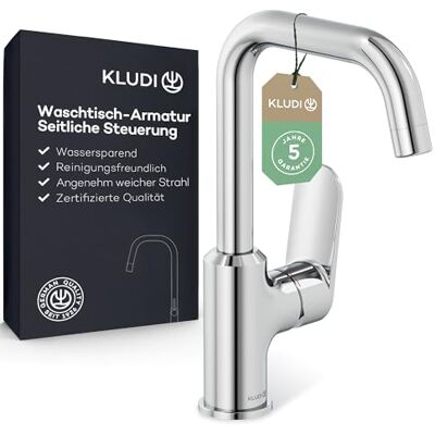 Kludi X1 bateria umywalkowa, obracana o 360°, wysokość wylotu 205 mm, oszczędzający wodę kran łazienkowy rozmiar L, wkład ceramiczny, bateria mieszakowa umywalka z wężami przyłączeniowymi w kolorze Kludi X1 bateria umywalkowa, obracana o 360°, wysokość wylotu 205 mm, oszczędzający wodę kran łazienkowy rozmiar L, wkład ceramiczny, bateria mieszakowa umywalka z wężami przyłączeniowymi w kolorze