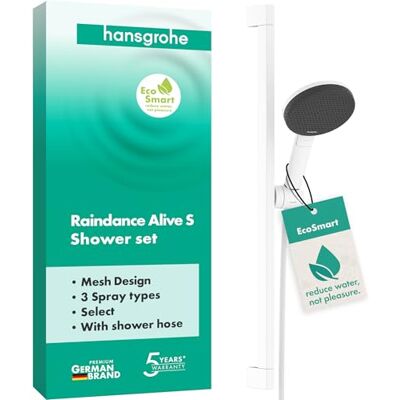 Hansgrohe Raindance Alive Select S – zestaw prysznicowy z głowicą prysznicową oszczędzający wodę (EcoSmart, 3 rodzaje strumienia, w tym PowderRain), wąż prysznicowy (1,60 m) i drążek prysznicowy (0,65 Hansgrohe Raindance Alive Select S – zestaw prysznicowy z głowicą prysznicową oszczędzający wodę (EcoSmart, 3 rodzaje strumienia, w tym PowderRain), wąż prysznicowy (1,60 m) i drążek prysznicowy (0,65