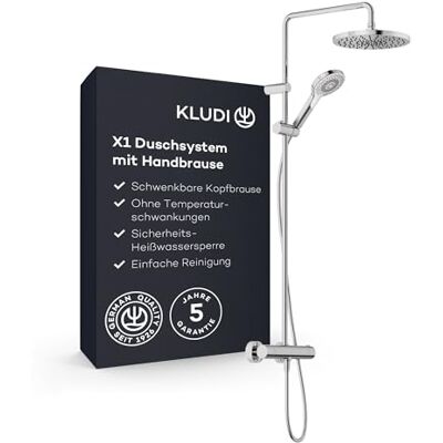 Kludi -X1 6906705-81 system prysznicowy z głowicą i słuchawką prysznicową, termostatem Dual Shower System, chrom, montaż ścienny, armatura termostatyczna, głowica prysznicowa Ø 250 mm, 3 rodzaje Kludi -X1 6906705-81 system prysznicowy z głowicą i słuchawką prysznicową, termostatem Dual Shower System, chrom, montaż ścienny, armatura termostatyczna, głowica prysznicowa Ø 250 mm, 3 rodzaje