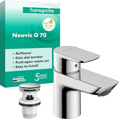 Hansgrohe Neovis Q 71346000 bateria umywalkowa z odpływem Push-Open, kran łazienkowy z wylewką, wysokość 63 mm, bateria mieszakowa do umywalki oszczędzająca wodę (EcoSmart), chrom, 71346000 Hansgrohe Neovis Q 71346000 bateria umywalkowa z odpływem Push-Open, kran łazienkowy z wylewką, wysokość 63 mm, bateria mieszakowa do umywalki oszczędzająca wodę (EcoSmart), chrom, 71346000