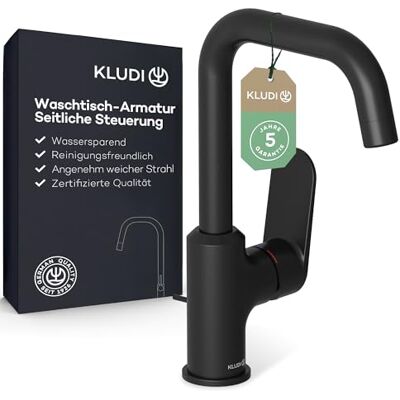 Kludi X1 bateria umywalkowa z odpływem z drążkiem pociągowym, obracana o 360°, wysokość wylotu 205 mm, oszczędzający wodę kran łazienkowy czarny matowy rozmiar L, bateria mieszakowa umywalka wraz z Kludi X1 bateria umywalkowa z odpływem z drążkiem pociągowym, obracana o 360°, wysokość wylotu 205 mm, oszczędzający wodę kran łazienkowy czarny matowy rozmiar L, bateria mieszakowa umywalka wraz z
