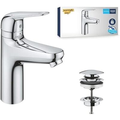 Grohe Swift QuickFix – bateria umywalkowa z zestawem odpływów wciskanych i blokadą zabezpieczającą przed dziećmi (rozmiar M 185 mm, wkład ceramiczny 28 mm, oszczędność wody, ogon, 3/20.3 cm, łatwy Grohe Swift QuickFix – bateria umywalkowa z zestawem odpływów wciskanych i blokadą zabezpieczającą przed dziećmi (rozmiar M 185 mm, wkład ceramiczny 28 mm, oszczędność wody, ogon, 3/20.3 cm, łatwy