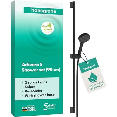 Hansgrohe Activera Select S Zestaw prysznicowy z głowicą prysznicową oszczędzający wodę (EcoSmart, 2-strumieniowa), wąż prysznicowy (1,60 m) i drążkiem (0,90 m), czarny matowy, 28046670 Hansgrohe Activera Select S Zestaw prysznicowy z głowicą prysznicową oszczędzający wodę (EcoSmart, 2-strumieniowa), wąż prysznicowy (1,60 m) i drążkiem (0,90 m), czarny matowy, 28046670