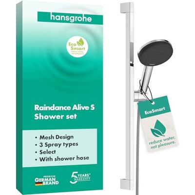 Hansgrohe Raindance Alive Select S Zestaw prysznicowy z głowicą prysznicową oszczędzający wodę (EcoSmart, 3-strumieniowa), wąż prysznicowy (1,60 m) i drążek prysznicowy (0,65 m), chrom, 24600000 Hansgrohe Raindance Alive Select S Zestaw prysznicowy z głowicą prysznicową oszczędzający wodę (EcoSmart, 3-strumieniowa), wąż prysznicowy (1,60 m) i drążek prysznicowy (0,65 m), chrom, 24600000