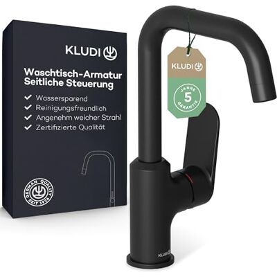 Kludi X1 bateria umywalkowa, obracana o 360°, wysokość wylotu 205 mm, oszczędzający wodę kran łazienkowy czarny matowy rozmiar L, wkład ceramiczny, bateria mieszakowa umywalka wraz z wężami Kludi X1 bateria umywalkowa, obracana o 360°, wysokość wylotu 205 mm, oszczędzający wodę kran łazienkowy czarny matowy rozmiar L, wkład ceramiczny, bateria mieszakowa umywalka wraz z wężami
