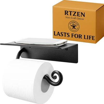 RTZEN Łazienkowy uchwyt na papier toaletowy z półką – ręcznie wykonany rustykalny uchwyt na papier toaletowy z kutego żelaza – czarny uchwyt na papier toaletowy do montażu na ścianie do nowoczesnego RTZEN Łazienkowy uchwyt na papier toaletowy z półką – ręcznie wykonany rustykalny uchwyt na papier toaletowy z kutego żelaza – czarny uchwyt na papier toaletowy do montażu na ścianie do nowoczesnego