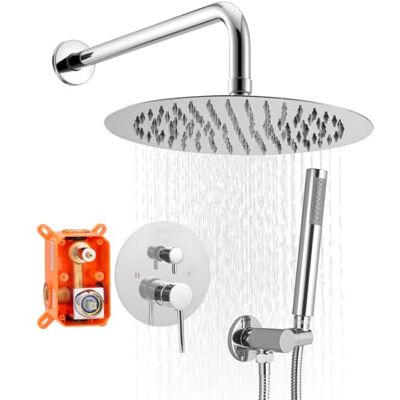 VEVOR Zestaw baterii prysznicowych, system prysznicowy z deszczownicą 10-calową (25,4 cm) okrągłą głowicą prysznicową i ręcznym sprayem, montowane na ścianie armatura łazienkowa z mosiężnym zaworem i VEVOR Zestaw baterii prysznicowych, system prysznicowy z deszczownicą 10-calową (25,4 cm) okrągłą głowicą prysznicową i ręcznym sprayem, montowane na ścianie armatura łazienkowa z mosiężnym zaworem i
