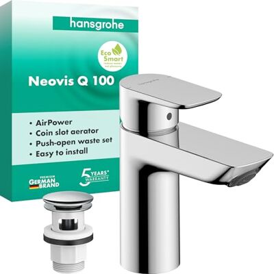 Hansgrohe Neovis Q 71348000 bateria umywalkowa z odpływem Push-Open, kran łazienkowy z wylewką, wysokość 96 mm, bateria mieszakowa do umywalki oszczędzająca wodę (EcoSmart), chrom, 71348000 Hansgrohe Neovis Q 71348000 bateria umywalkowa z odpływem Push-Open, kran łazienkowy z wylewką, wysokość 96 mm, bateria mieszakowa do umywalki oszczędzająca wodę (EcoSmart), chrom, 71348000