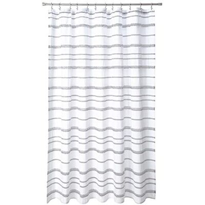Lush Decor , Biało-szara zasłona prysznicowa z klipsem w paski, 183 cm x 183 cm Lush Decor , Biało-szara zasłona prysznicowa z klipsem w paski, 183 cm x 183 cm