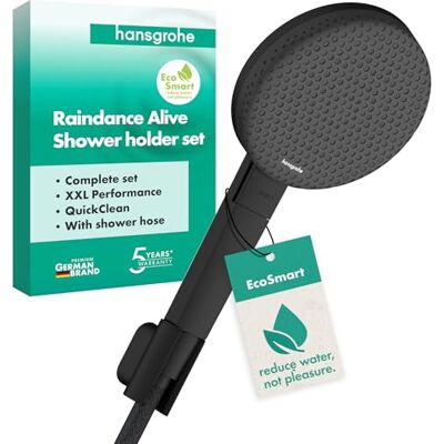 Hansgrohe Raindance Alive Select S Zestaw prysznicowy z głowicą prysznicową oszczędzający wodę (EcoSmart, 3-strumieniowa), wąż prysznicowy (1,60 m) i uchwyt prysznicowy, czarny matowy, 24611670 Hansgrohe Raindance Alive Select S Zestaw prysznicowy z głowicą prysznicową oszczędzający wodę (EcoSmart, 3-strumieniowa), wąż prysznicowy (1,60 m) i uchwyt prysznicowy, czarny matowy, 24611670