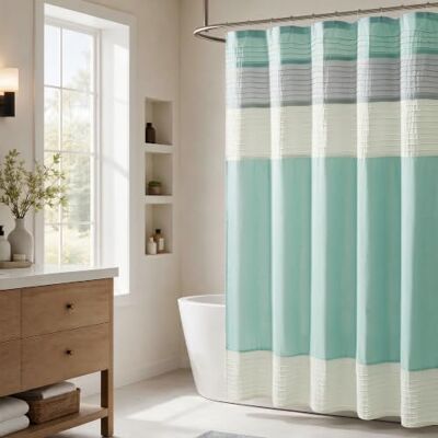 Madison Park Łazienka prysznic sztuczny jedwab kawałek paski nowoczesne zasłony łazienkowe z mikrofibry, poliester, Aqua, 183 cm szer. x 183 cm dł. (1 opakowanie) Madison Park Łazienka prysznic sztuczny jedwab kawałek paski nowoczesne zasłony łazienkowe z mikrofibry, poliester, Aqua, 183 cm szer. x 183 cm dł. (1 opakowanie)