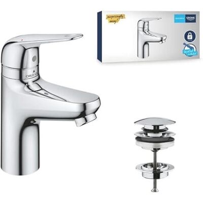 Grohe Swift QuickFix – bateria umywalkowa z zestawem odpływów wciskanych i blokadą bezpieczeństwa dla dzieci (rozmiar S 167 mm, wkład ceramiczny 28 mm, oszczędzający wodę, ogon 3/20.3 cm, łatwy montaż Grohe Swift QuickFix – bateria umywalkowa z zestawem odpływów wciskanych i blokadą bezpieczeństwa dla dzieci (rozmiar S 167 mm, wkład ceramiczny 28 mm, oszczędzający wodę, ogon 3/20.3 cm, łatwy montaż