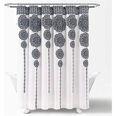 Lush Decor Medalion w paski zasłona prysznicowa tkanina mandala bohema adamaszek nadruk wzór, 183 cm x 183 cm, granatowy Lush Decor Medalion w paski zasłona prysznicowa tkanina mandala bohema adamaszek nadruk wzór, 183 cm x 183 cm, granatowy