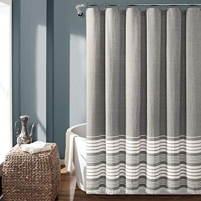 Lush Decor , Szara przędza Nantucket barwiona bawełniana zasłona prysznicowa z frędzlami, 183 cm x 183 cm, 16T004620 Lush Decor , Szara przędza Nantucket barwiona bawełniana zasłona prysznicowa z frędzlami, 183 cm x 183 cm, 16T004620