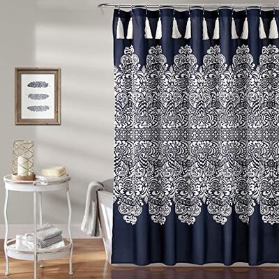 Lush Decor , Granatowy medalion boho zasłona prysznicowa tkanina boho adamaszek nadruk wzór z frędzlami, 183 cm x 183 cm Lush Decor , Granatowy medalion boho zasłona prysznicowa tkanina boho adamaszek nadruk wzór z frędzlami, 183 cm x 183 cm