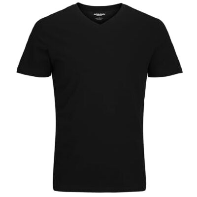 12156102 JACK & JONES Męski T-shirt jednokolorowy dekolt w serek, czarny, XS 12156102 JACK & JONES Męski T-shirt jednokolorowy dekolt w serek, czarny, XS