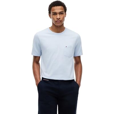 MW0MW37283 Tommy Hilfiger Męska koszulka z krótkim rękawem Essential z kieszenią na piersi, Niebieski (Breezy Blue), S MW0MW37283 Tommy Hilfiger Męska koszulka z krótkim rękawem Essential z kieszenią na piersi, Niebieski (Breezy Blue), S