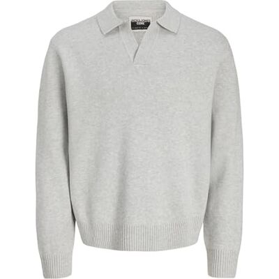 12282845-4825572 JACK & JONES Jcocover Knit Split Neck Polo, jasnoszary melanżowy, S 12282845-4825572 JACK & JONES Jcocover Knit Split Neck Polo, jasnoszary melanżowy, S