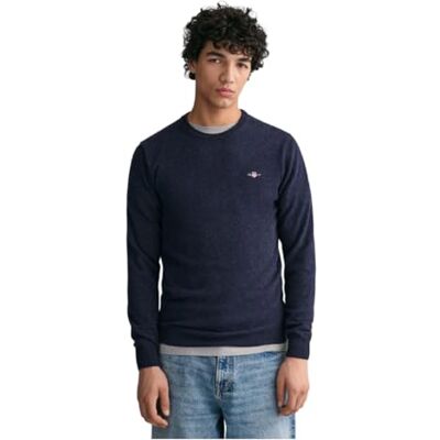 87211 GANT Męski sweter z wełny jagnięcej z dekoltem w kształcie litery C, Ciemny granatowy melanż, XL 87211 GANT Męski sweter z wełny jagnięcej z dekoltem w kształcie litery C, Ciemny granatowy melanż, XL
