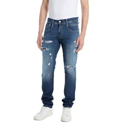M914Y .000.661OR1R Replay Męskie dżinsy slim fit Anbass Hyperflex Original Broken and Repaired kolekcja, 007 Dark Blue, 29W / 30L M914Y .000.661OR1R Replay Męskie dżinsy slim fit Anbass Hyperflex Original Broken and Repaired kolekcja, 007 Dark Blue, 29W / 30L