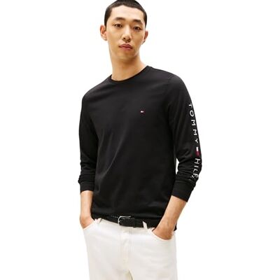 MW0MW09096 Tommy Hilfiger Męska koszulka z długim rękawem z logo Tommy'ego, czarny (czarny), S MW0MW09096 Tommy Hilfiger Męska koszulka z długim rękawem z logo Tommy'ego, czarny (czarny), S