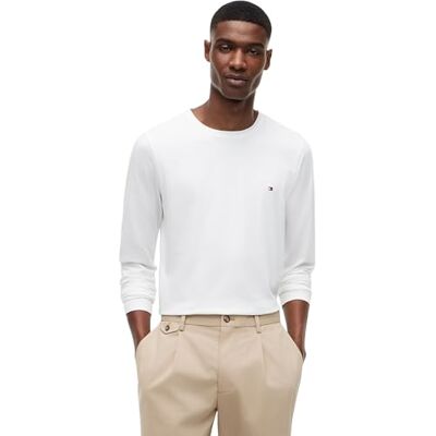MW0MW10804YBR Tommy Hilfiger Męska koszulka z długim rękawem Stretch Slim Fit Bawełna, Kolor biały, L MW0MW10804YBR Tommy Hilfiger Męska koszulka z długim rękawem Stretch Slim Fit Bawełna, Kolor biały, L