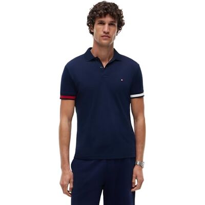 MW0MW42743 Tommy Hilfiger Męska koszulka polo RWB Cuff Liquid Cotton Slim , niebieski, XS MW0MW42743 Tommy Hilfiger Męska koszulka polo RWB Cuff Liquid Cotton Slim , niebieski, XS