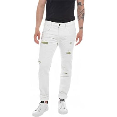 M914I .000.840534R Replay Męskie dżinsy Anbass Slim-Fit Broken Edge ze stretchem, Optical White 001, 29W / 30L M914I .000.840534R Replay Męskie dżinsy Anbass Slim-Fit Broken Edge ze stretchem, Optical White 001, 29W / 30L
