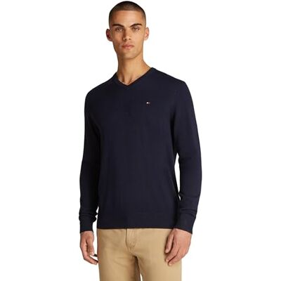 MW0MW14745DW5S Tommy Hilfiger Męski sweter Essential Cotton V Neck MW0MW14745, niebieski, S, Niebieski (pustynne niebo), S MW0MW14745DW5S Tommy Hilfiger Męski sweter Essential Cotton V Neck MW0MW14745, niebieski, S, Niebieski (pustynne niebo), S