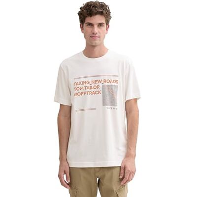 1044031 TOM TAILOR Męski t-shirt z nadrukiem logo z bawełny, 10332 – Off White, L 1044031 TOM TAILOR Męski t-shirt z nadrukiem logo z bawełny, 10332 – Off White, L