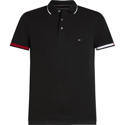 MW0MW38458 Tommy Hilfiger Męska koszulka polo FLAGA CUFF SLIM FIT S/S Polo, Czarny, S, czarny (czarny), S MW0MW38458 Tommy Hilfiger Męska koszulka polo FLAGA CUFF SLIM FIT S/S Polo, Czarny, S, czarny (czarny), S