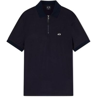 XM002372 Armani Exchange Men's 3D Embroidered Logo Half Silver Zip Polo Shirt, Blue, L XM002372 Armani Exchange Men's 3D Embroidered Logo Half Silver Zip Polo Shirt, Blue, L