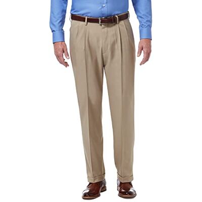 HD00651 Haggar Męskie spodnie premium Comfort Classic Fit plisowane z przodu z rozszerzaną talią na co dzień, Średni khaki, 38W x 32L HD00651 Haggar Męskie spodnie premium Comfort Classic Fit plisowane z przodu z rozszerzaną talią na co dzień, Średni khaki, 38W x 32L