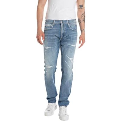 MA972I.000.727 694 Replay Męskie dżinsy Straight Fit Grover Broken Edge kolekcja, 009 Medium Blue, 29W / 32L MA972I.000.727 694 Replay Męskie dżinsy Straight Fit Grover Broken Edge kolekcja, 009 Medium Blue, 29W / 32L