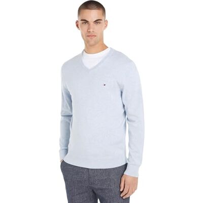 MW0MW14745DV5XS Tommy Hilfiger Męski sweter Essential Cotton V Neck MW0MW14745, niebieski, XS, Niebieski (naczynie niebieski wrzos), XS MW0MW14745DV5XS Tommy Hilfiger Męski sweter Essential Cotton V Neck MW0MW14745, niebieski, XS, Niebieski (naczynie niebieski wrzos), XS