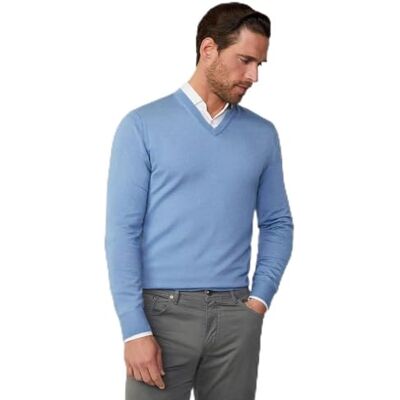 HM703175 Hackett London Męski sweter GMD Merino Silk V, Niebieski (Chambray), L HM703175 Hackett London Męski sweter GMD Merino Silk V, Niebieski (Chambray), L