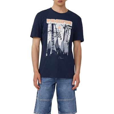 2165609.58D5.XL T-shirt bawełniany z nadrukiem z przodu i strukturą przędzy płomieniowej, głęboki niebieski, XL 2165609.58D5.XL T-shirt bawełniany z nadrukiem z przodu i strukturą przędzy płomieniowej, głęboki niebieski, XL